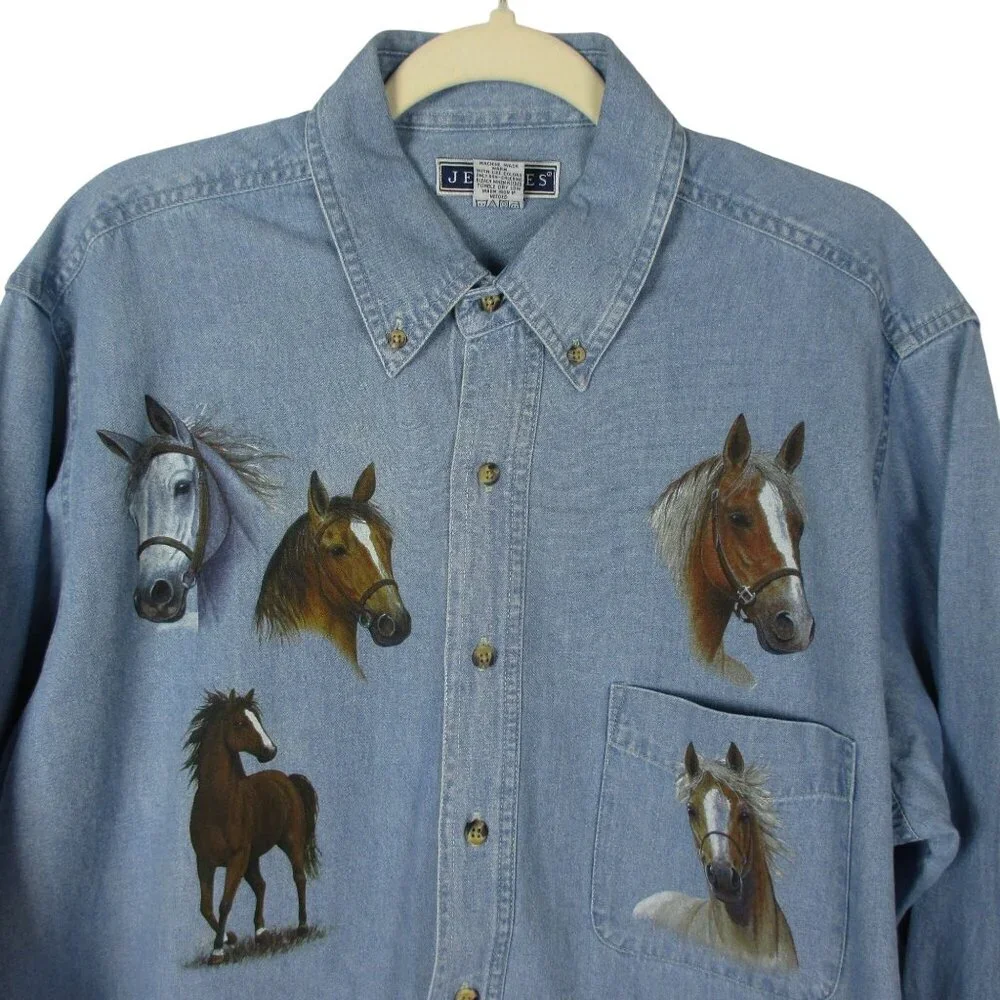 Jerzees Horse Denim Shirt Button Down Women's Cotton Size L Equestrian - Picture 2 of 8